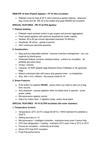 Platelet Agitator PR-10 Ultra & Incubator PI-10 Ultra — first page